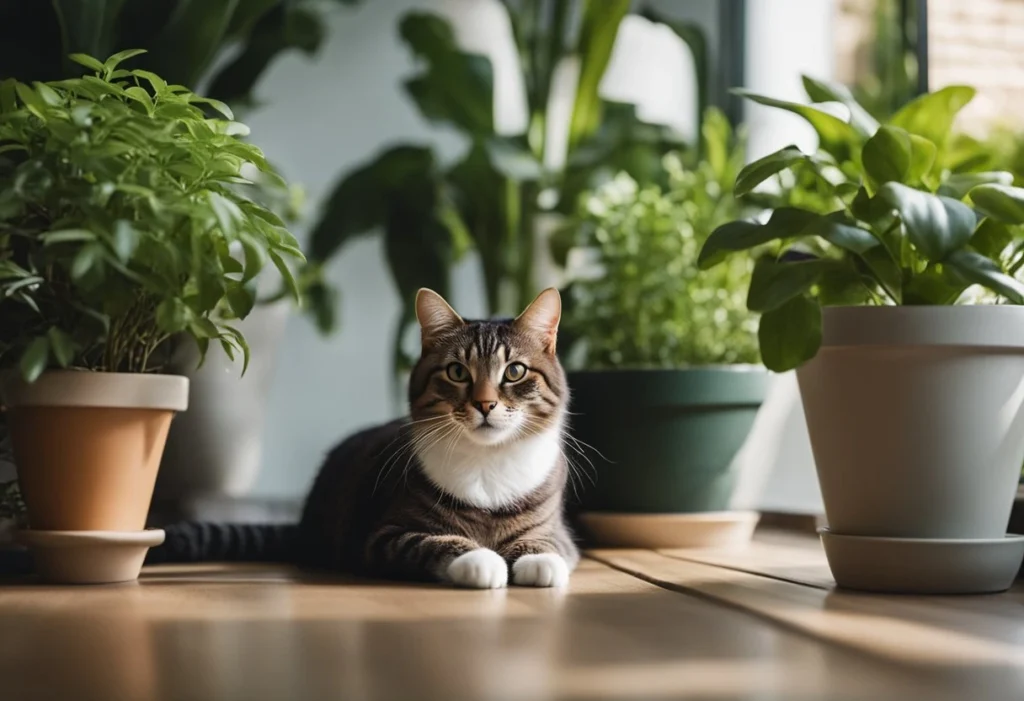 Cat laying on the ground between plants