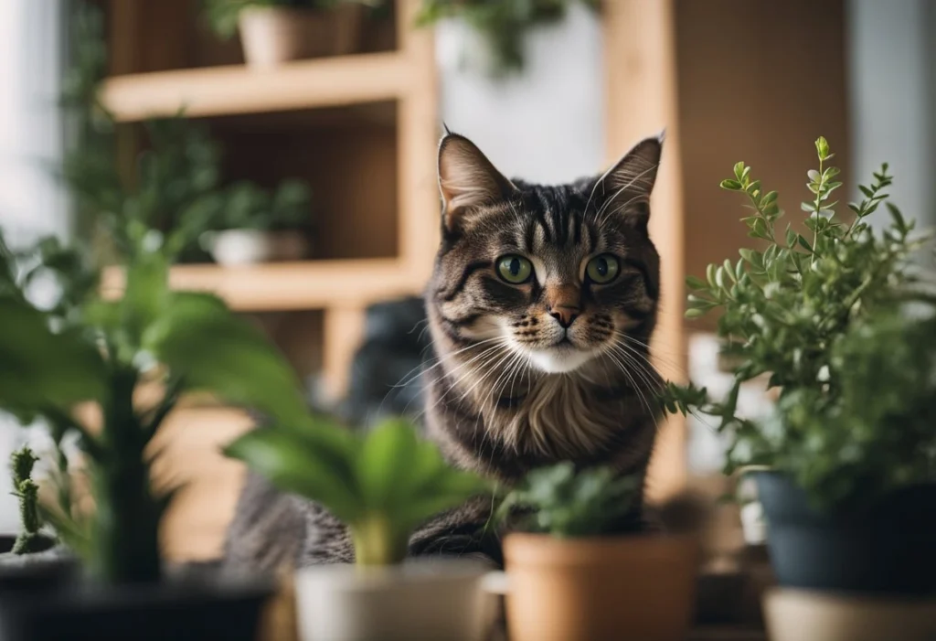 Cat looking at plants