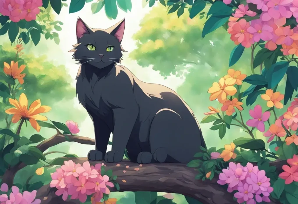 black anime cat on a tree