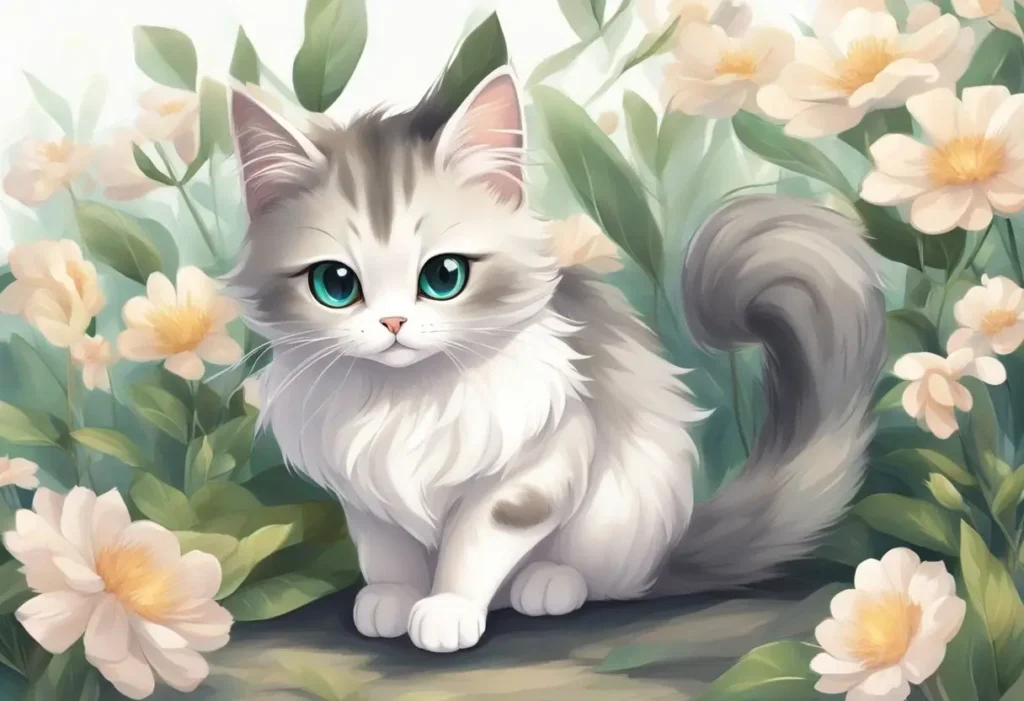 cute anime kitten with flowers