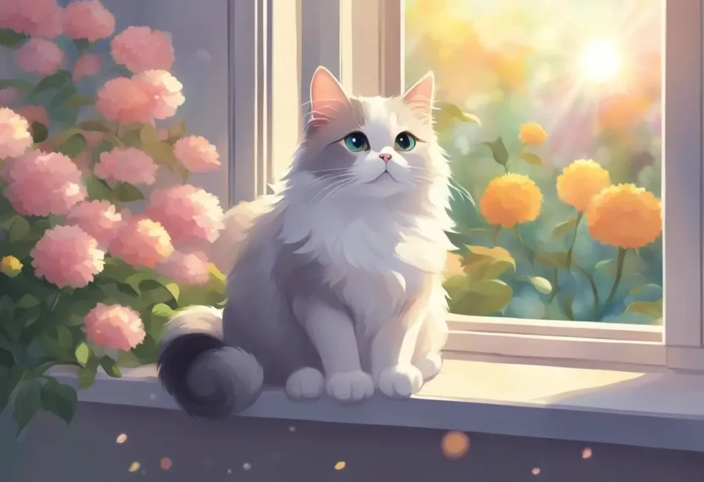 grey and white fluffy anime cat