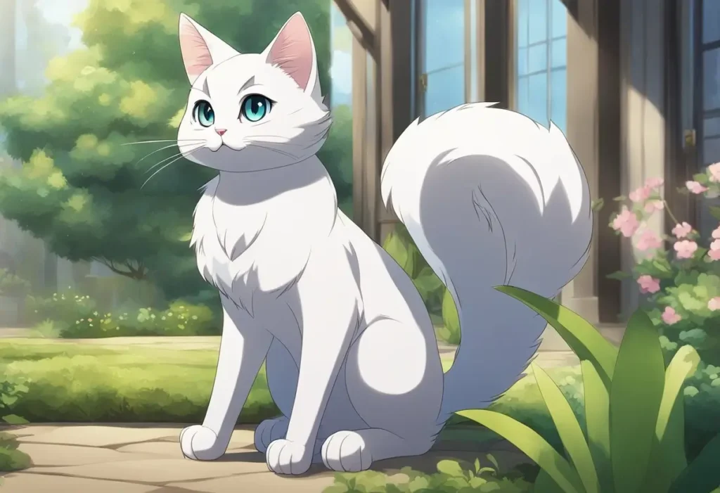 white anime cat in front of a house